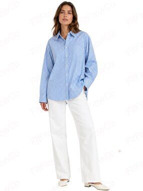 Express Boyfriend Shirt Women L Blue White Striped Cotton Button Down NWT